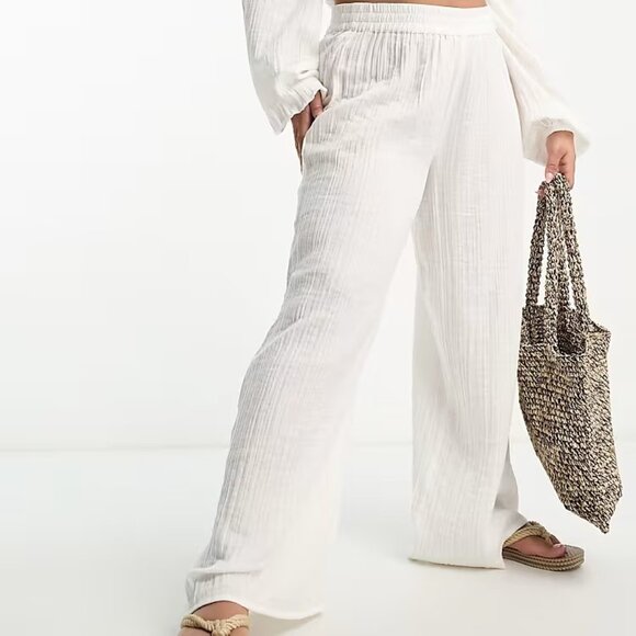 ASOS Curve 24 Wide Leg Beach Pant Pull On White Gauzy Cotton Boho High Rise - Picture 1 of 7